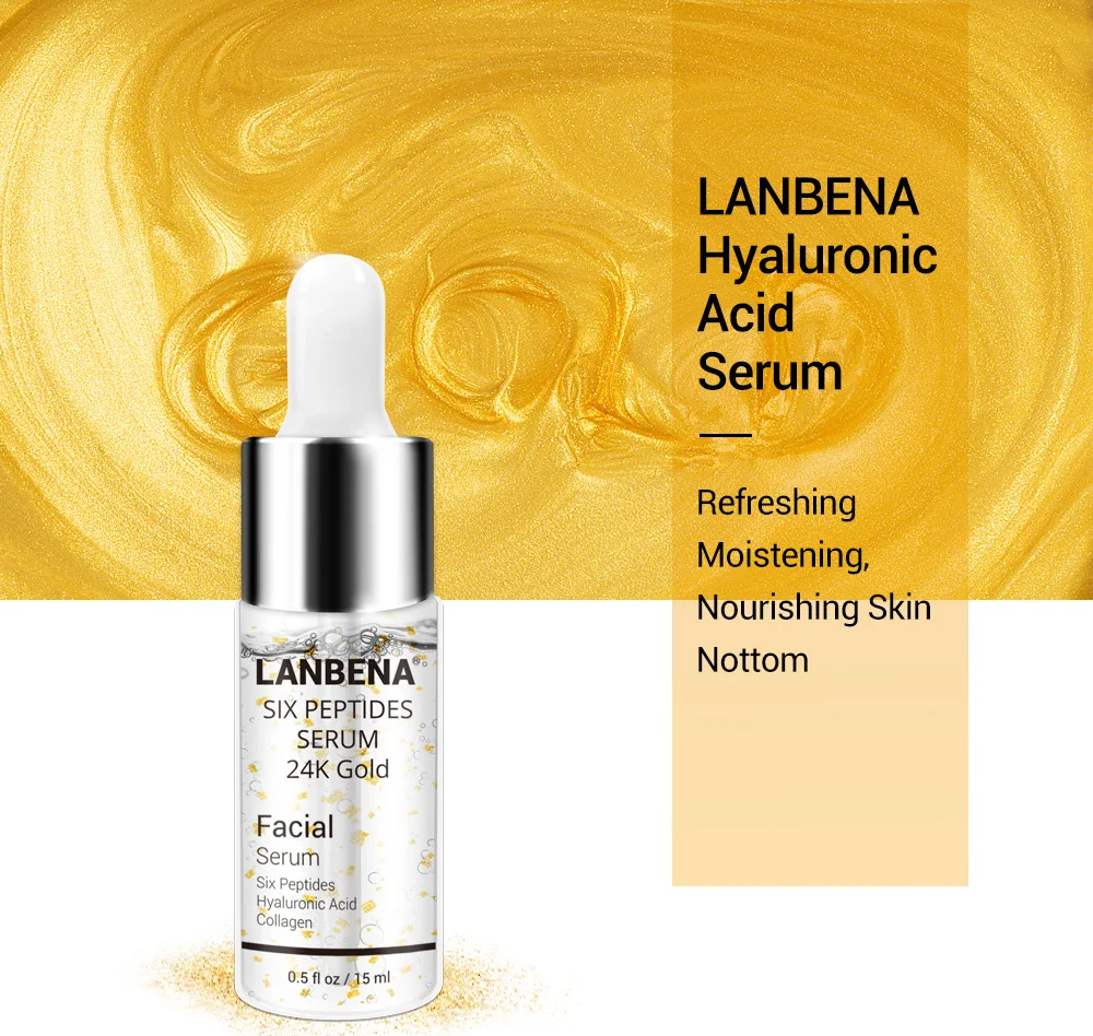 LANBENA 24K Золотая сыворотка, Пептидная эссенция гиалуроновой кислоты, коллагеновая сыворотка, витаминный лифтинг, подтяжка, отбеливание, уход за кожей, анти-агинг, 15 мл