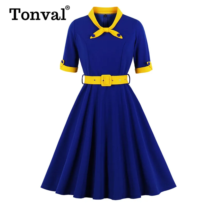Tonval, зеленое, контрастное, с бантом, на шее и манжетах, винтажное, с поясом, платье с коротким рукавом, Осеннее, женское, облегающее и расклешенное, Ретро стиль, свободное платье