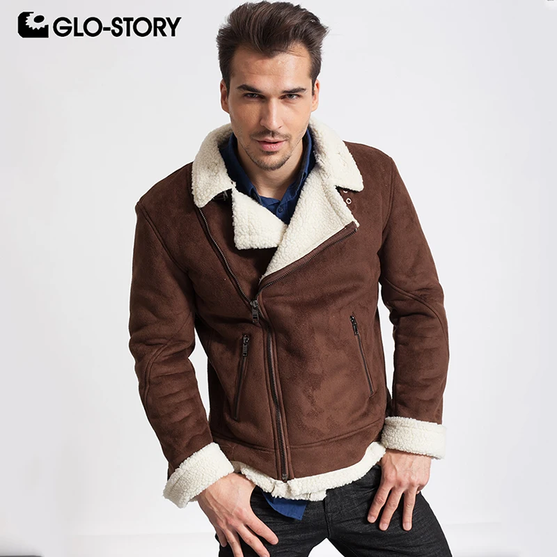 

GLO-STORY New Winter Fleece Warm Lined Men's Faux Leather Jackets Men Clothes Motor Biker Jacket Coat MPY-4328