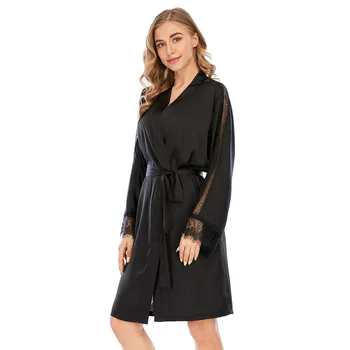 

2020 Autumn New Thin Ice silk nightgown women's cardigan solid color casual housecoats Home clothes robes for women night gown