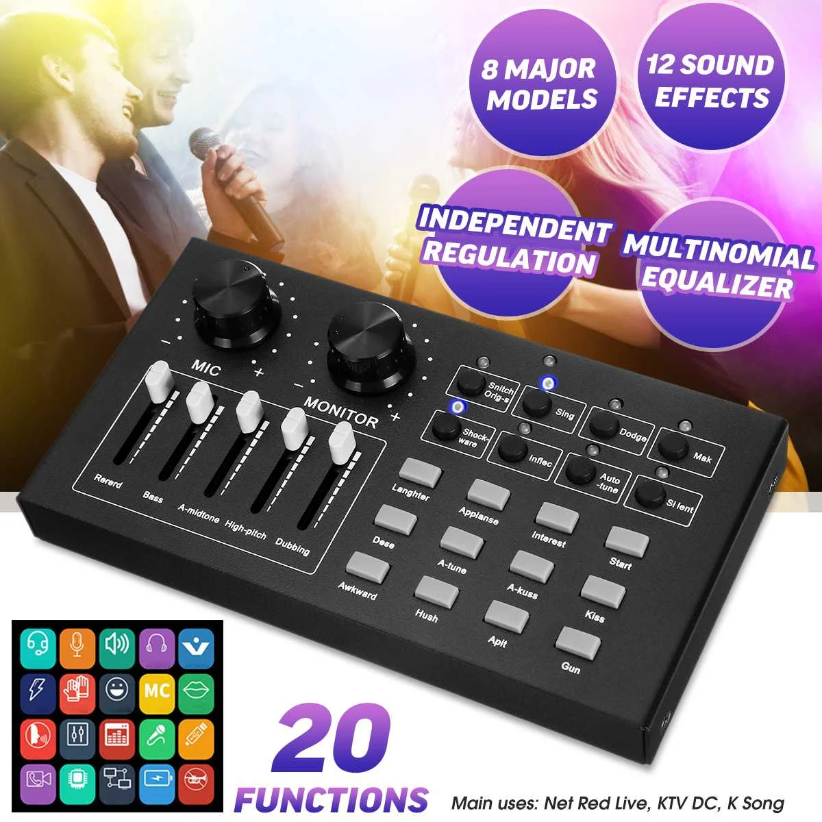 

Live Sound Card bluetooth Webcast Headset Mic Voice Control for Phone Computer 2 Channels 3 Singing Modes USB Sound Broadcast