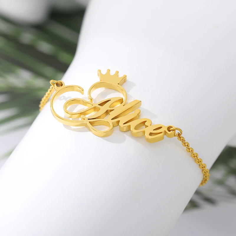 

Personalized Name Bracelets For Women Girl Stainless Steel Charm Customized Crown Bracelet Bangle pulseras Hombre Custom Jewerly