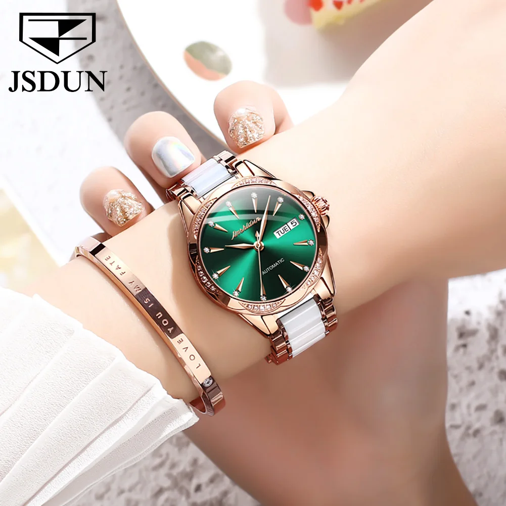 JSDUN Women Mechanical Watch Rose Gold Stainless Steel Ceramics Strap Dress Watches Fashion Luxury Brand Women's Automatic Watch