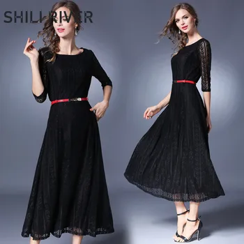 

2020 spring summer designer long party dress for women short sleeve slim casual retro elegant O neck pleated dresses belt black