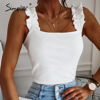 

Simplee Casual sleeveless shirt tank solid color women elegant frill sexy slim top high street fashion feminine top 2020