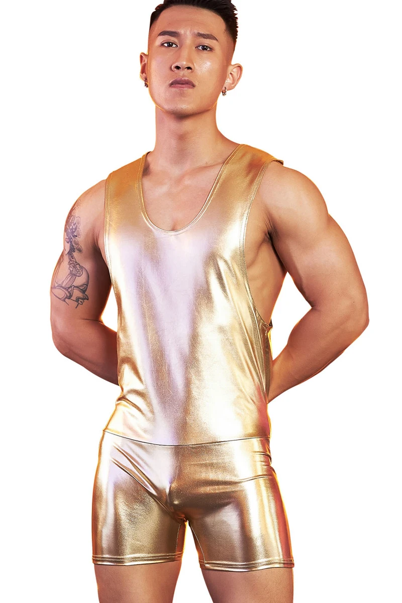 Черные, золотые, серебряные мужские металлические топы на бретелях из искусственной кожи короткий комбинезон без рукавов сексуальный облегающий костюм для фитнеса