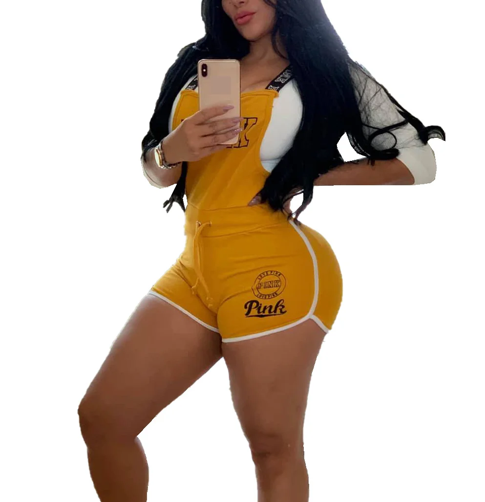 Черный пикантный Облегающий комбинезон без рукавов с розовыми буквами женский