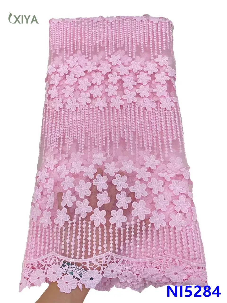 Tela de encaje de seda de leche Rosa bebé con lentejuelas, tejido