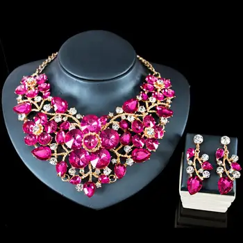 

Luxury Bridal Jewelry Sets Indian Rose Crystal Dubai Wedding Jewelry Sets African Beads Costume Big Flower Women Necklace Set