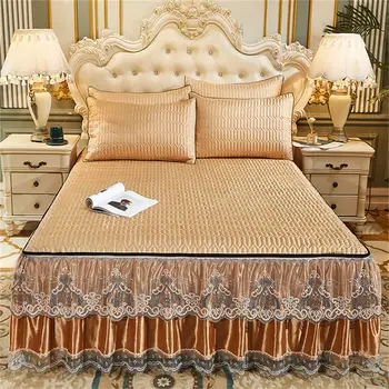

European Non-slip Ice Silk Mat Bed Skirt Summer Cool Soft 3pcs Bedding Set Queen Removable Zipper Bed Skirt Including Pillowcase