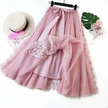 

Spring And Summer Girls Bow Tie High Waist Lace Skirt Embroidered Stitching Mesh Skirt