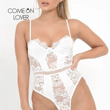 

Comeonlover Splice Bodysuit Eyelash Lace Sexy Body Manche Bouffante Floral Perspective Backless Women Bodycon Bodysuit RE80881