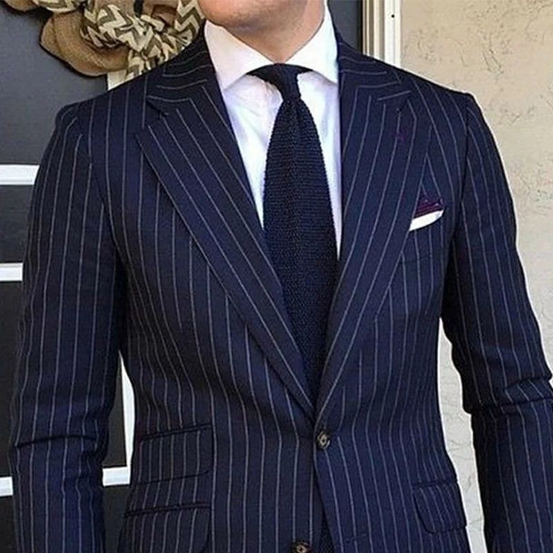 2 Piece Pinstripe Men's Suit Slim Fit for Formal Wedding Tuxedo Notched Lapel Navy Blue Striped Business Groom Male Fashion 2