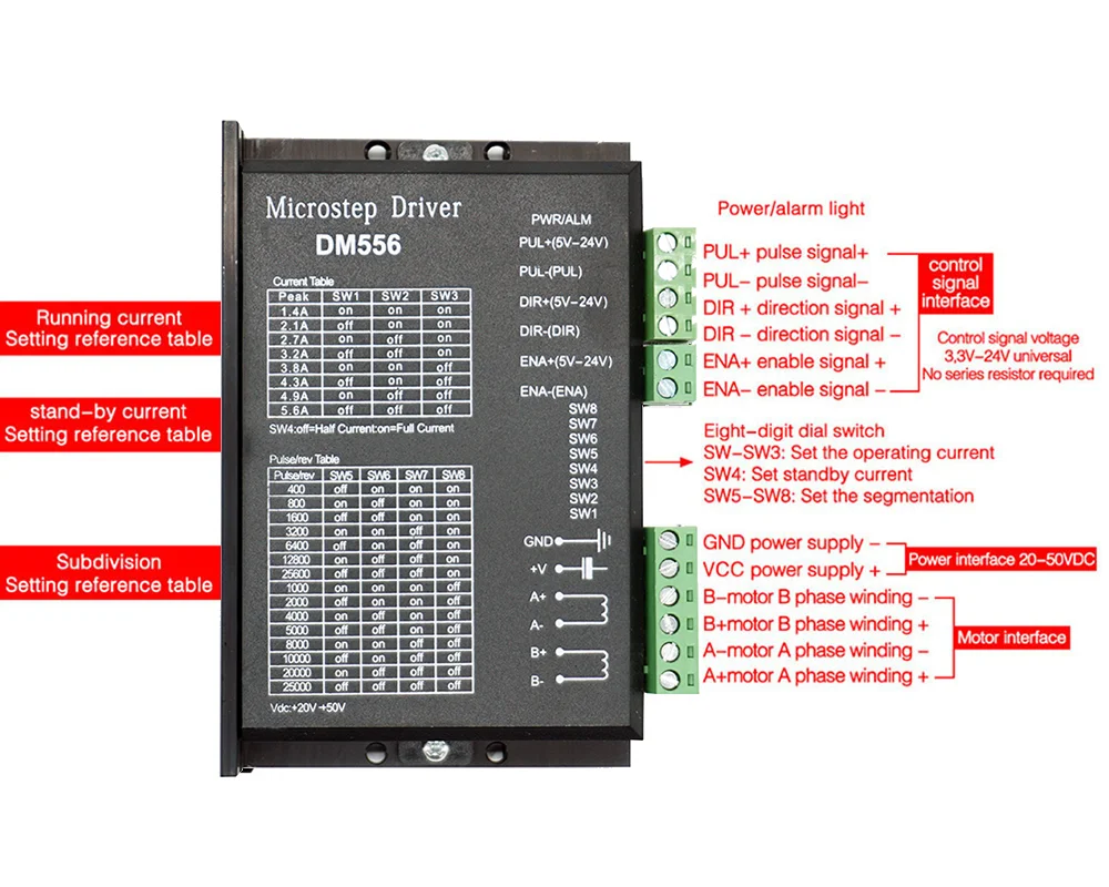 1pcs DM556 Stepper Motor Controller 2 Phase NEMA 23 34 Digital Stepper Motor Driver 20-50V DC Max 5.6A for 42 57 86 Series Motor
