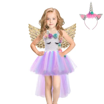 

Purim Girl Cute Unicorn Costume Flower Dresses Princess Party Pageant Dress with Headbands Wing Halloween Costumes for Kids