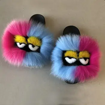 

Luxury Fur Slides Real Fox Fur Slippers monsters' Comport With Furry Summer Flatform Shoes Casual Colorful Plush Slippers