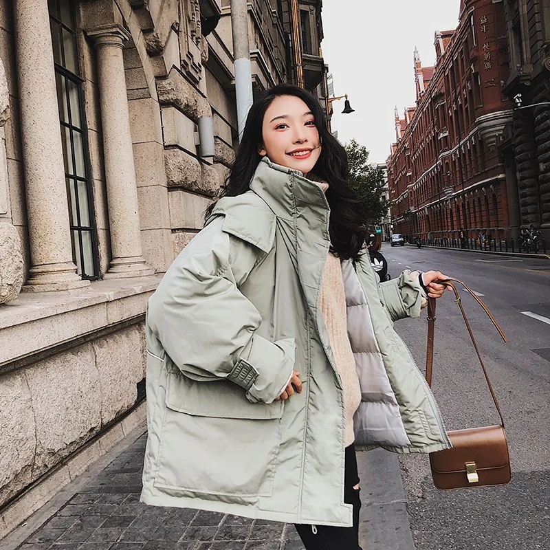 

2019 Douyin Celebrity Style Super Fire CHIC Stand Collar BF Hooded down Coat Short Loose-Fit Large Pocket Workwear Cotton-padded