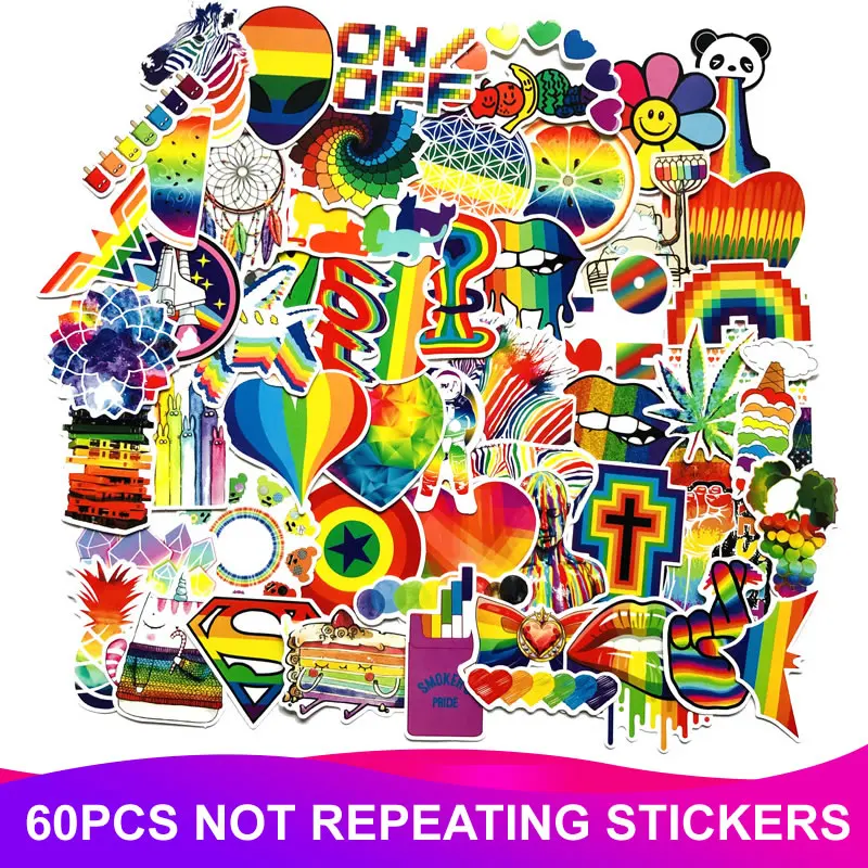 

60pcs/Pack Fashion PVC Waterproof Rainbow Stickers Cute Laptop Suitcase Motorcycle Car Styling DIY Decoration Sticker Toy