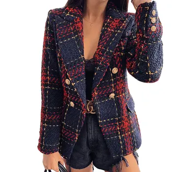 

2020 Ladies Jacket Lapel Long Sleeve Solid Color Autumn Jacket Plaid Double Breasted Coat Elegant Office Ladies Casual Coat New