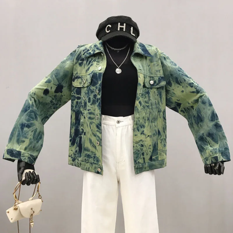 

Korean Vintage Tie-dye Print Denim jacket New 2020 Autumn Single-breasted Long sleeves Harajuku Purple Cowboy jackets Streetwear
