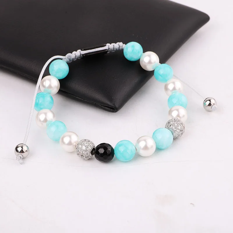Jaravvi 8mm Blue Jade White Shell Crystal Ball Friendship Adjustable Macrame Beads Bracelet For Women - Image 5