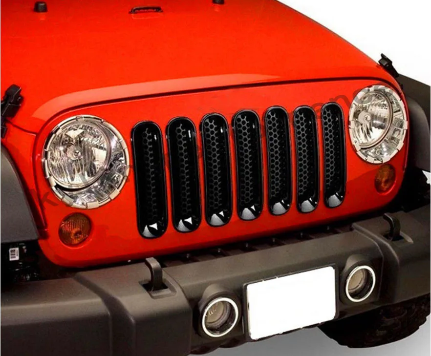 7PCS Black Silver ABS Mesh Front Grille Trim Cover Car Inserts Racing Grille For Bumper Jeep Wrangler JK 2007-2015