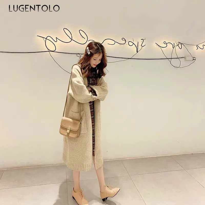 Lugentolo, женский свитер, длинный, выше колена, модный, осенний и зимний, вязанный кардиган, стильный, Повседневный, топ, сетка, красный код