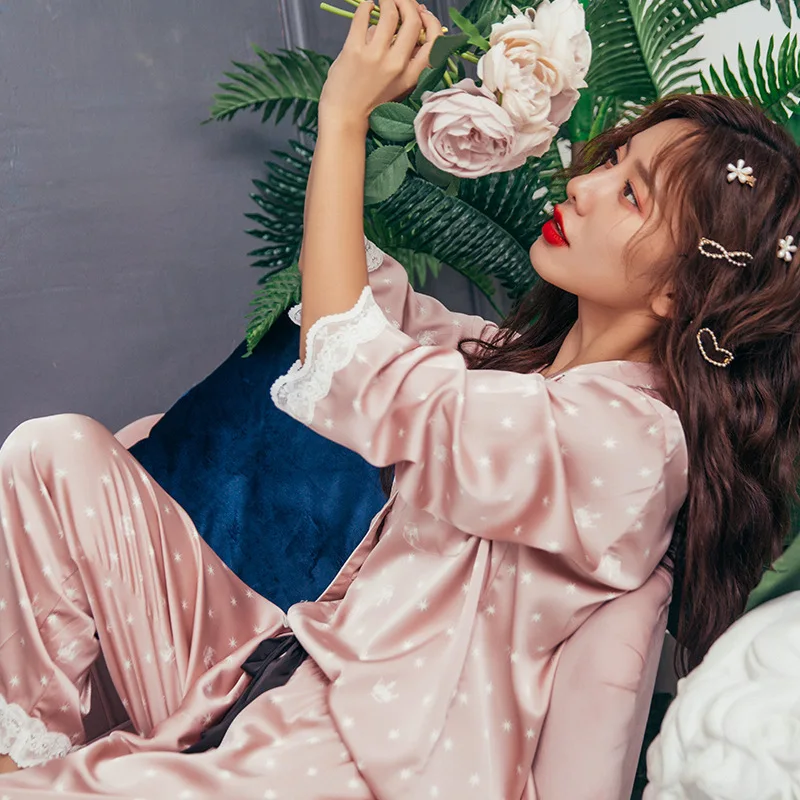 

2020 summer spring Print Fashion Women Pajama Set Sweet Lace Cuff Trousers Long Sleeve Suit Pyjamas