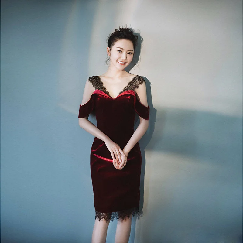 

2018 Autumn And Winter New Style WOMEN'S Dress Elegant Debutante Dress Korean-style Slim Fit Lace Joint Velvet off-Shoulder Dres