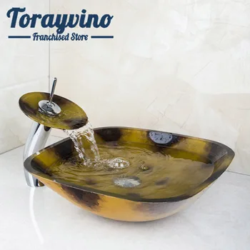 

Torayvino bathroom sink set Hand painting Basin Vessel Sink Luxury Tempered Glass Basin Bowl Faucet Set with Chrome Pop up Drain