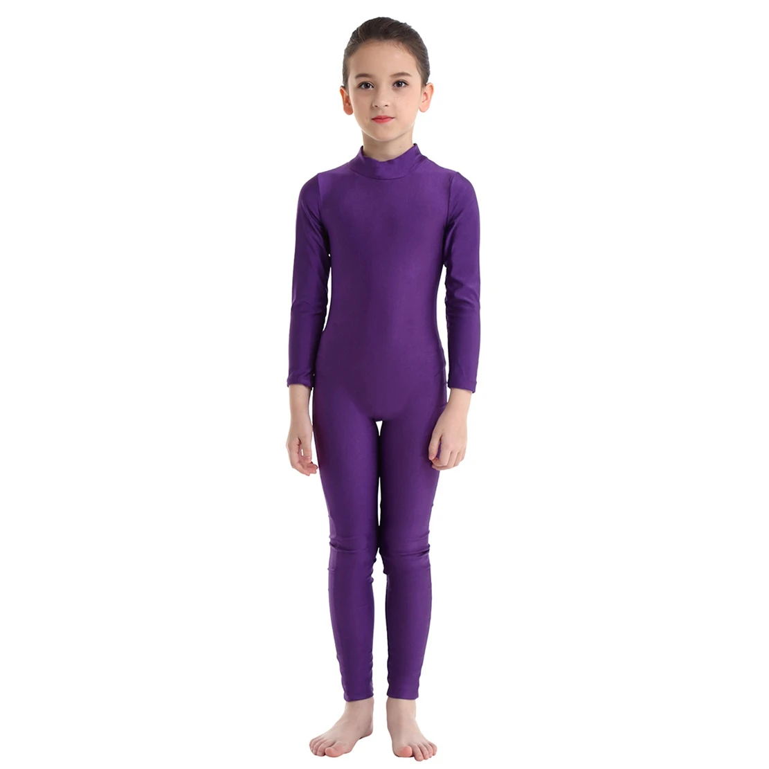 Kids Long Sleeves Gymnastics Jumpsuit For Girls Slim Fit Dancewear Dance Bodysuit Zippered Mock Neck Ballet Leotard Unitard