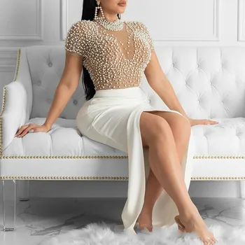 

Sexy Dress See Through Tulle with Bead Tops Patchwork Slit Dresses for Women Short Sleeves Female 2020 Spring Summer New Arrival