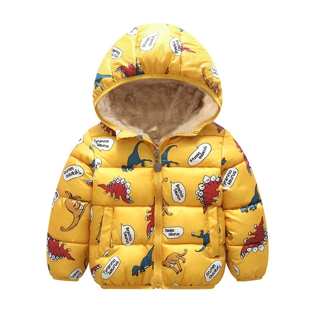Зимняя верхняя одежда для детей пуховик для мальчиков и девочек новогодние костюмы для мальчиков, теплый жилет для малышей Детское пальто с меховым капюшоном, одежда - Цвет: yellow  dinosaur