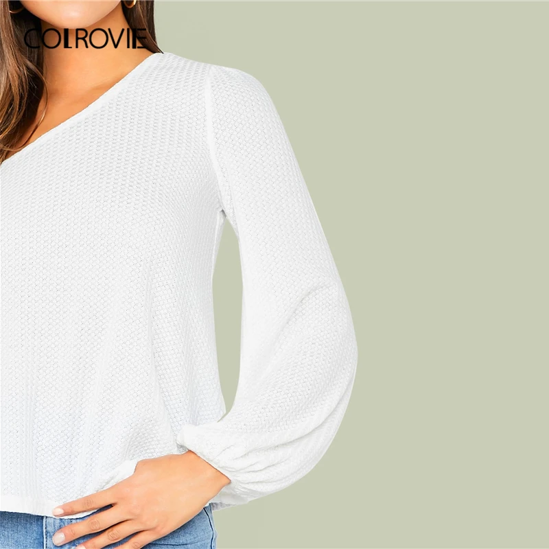 COLROVIE, однотонный топ на одно плечо с рукавом-Бишопом, женские повседневные белые футболки,, Осенний сексуальный пуловер с длинными рукавами, топы
