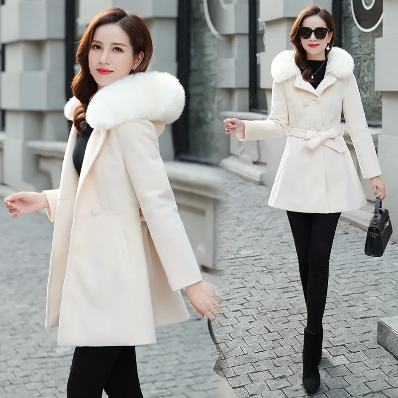 

Double Breasted Large Fur Collar Belt Mid-length Korean-style New Style Students Hooded Woolen Overcoat Short-height Woolen Jack