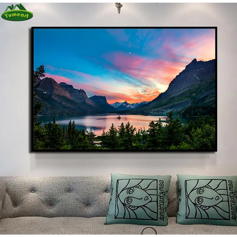 Art Prints Painting Sunset Home Decor Clear Lake And Mountain In The Forest Canvas Poster Wall Natural Scenery Picutre | Дом и сад