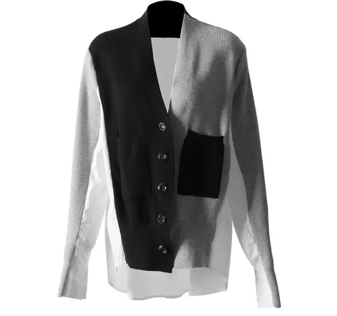 black grey Женские осенние зимние вязаные свитера женские Модные поддельные 2 шт рубашки свитера Топы женские Цветные Лоскутные кардиганы свитера - Цвет: black grey