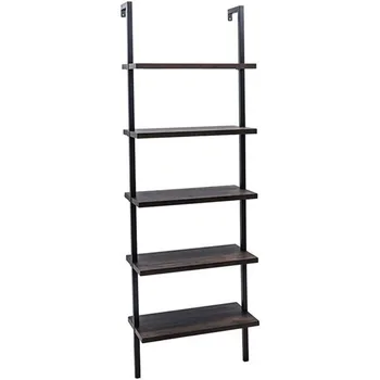 

Multipurpose Storage Rack 5-Shelf Wood Ladder Bookcase with Metal Frame Industrial 5-Tier Modern Ladder Shelf Wood Shelves