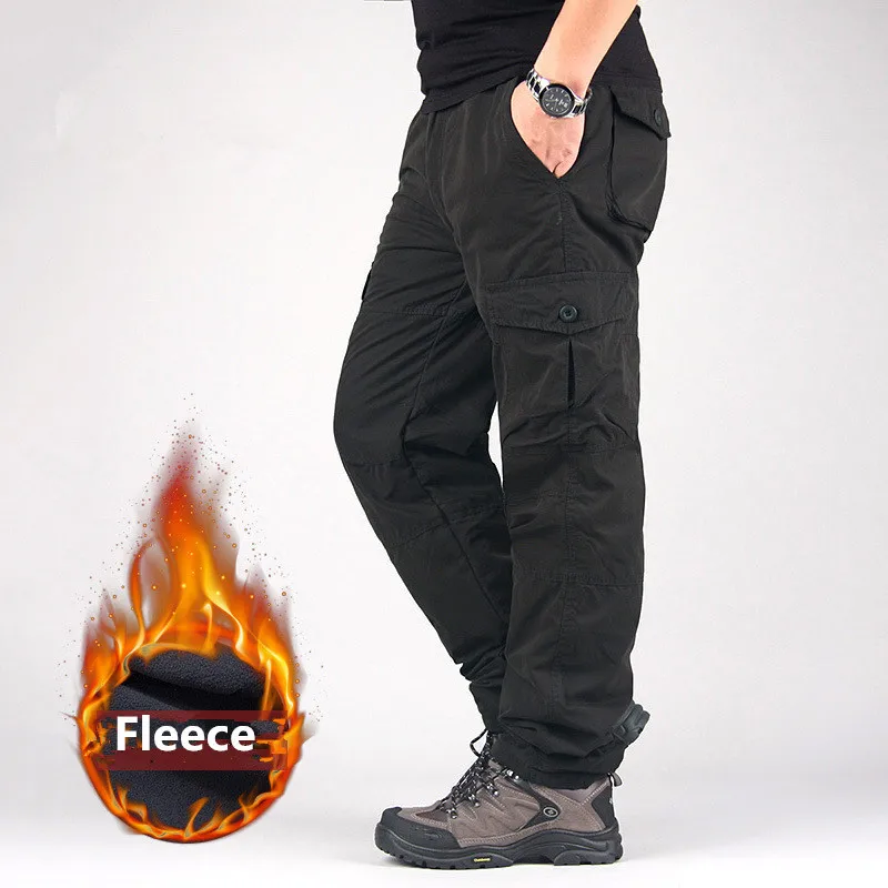 Зимние толстые теплые брюки карго мужские повседневные двухслойные флисовые брюки хлопок рип-стоп мульти карманы военные тактические брюки - Цвет: Black 2