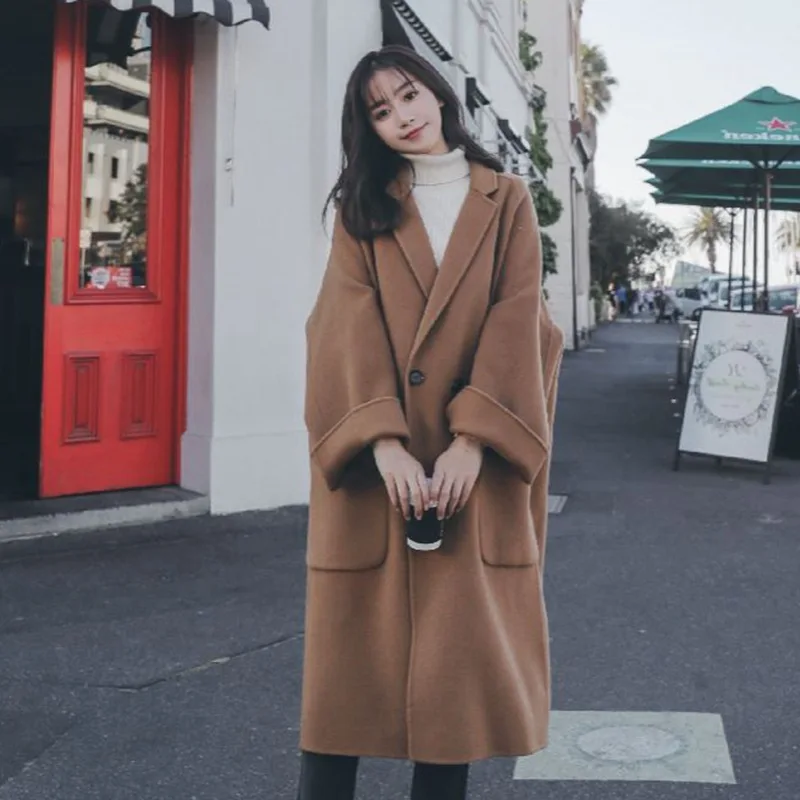 Photo Shoot South Korea INS Caramel Elegant Revers da xiu kou Wool Coat Female Suit Collar over-the-Knee Ol Overcoat