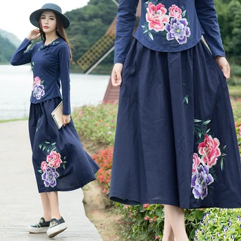 

KYQIAO faldas mujer moda 2020 ethnic skirts womens autumn original design long blue red black embroidery a-line skirt