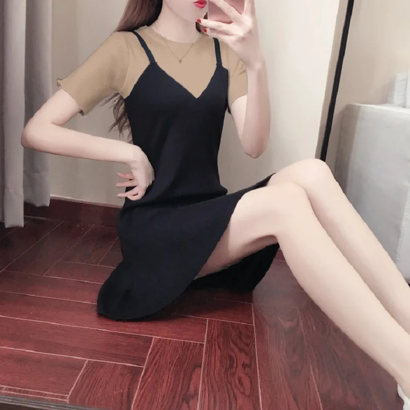 

New Products 2019 Summer WOMEN'S Dress Korean-style Mid-length Dress Student Mock Two-Piece Fishtail Skirt
