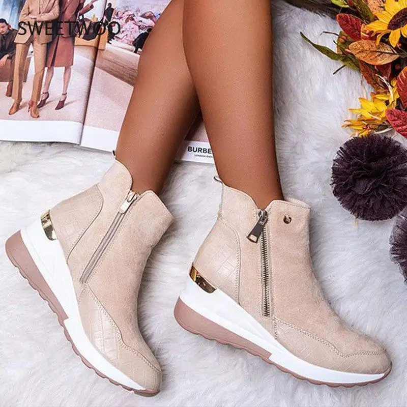 Warm Plush Winter Chunky Sneakers Ankle Boots Women Shoes Ladys Zipper Buckle Thick Sole Platform