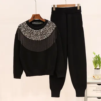 

2019 Autumn winter women's diamonds tassels sweaters+casual pants two piece set Chic women rhinestone sweat suit A983