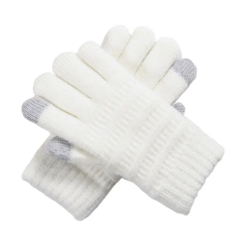 Женские зимние вязаные перчатки на весь палец с сенсорным экраном, толстые плюшевые теплые Однотонные эластичные магические перчатки - Цвет: Белый
