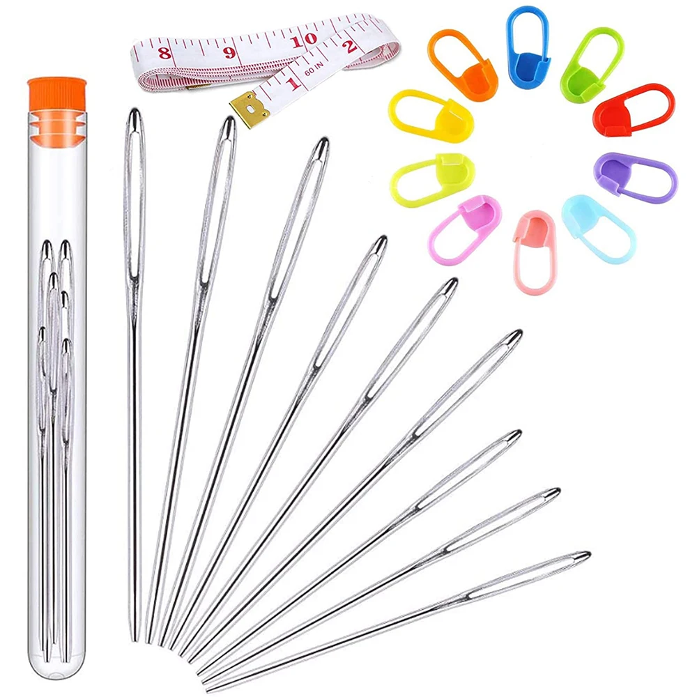 

10Pcs Knitting Stitch Markers with 9Pcs Stainless Steel Large Eye Blunt Needles Soft Tape Measure for Weaving Sewing Knitting