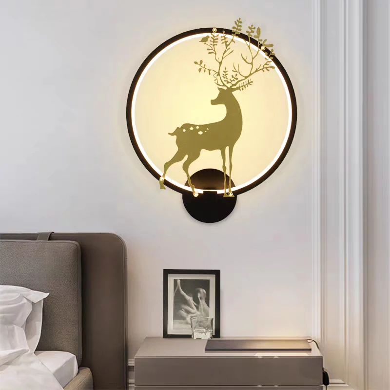 Artpad Nordic Deer Metal Round Dimmable Bedside Lamp White Black 18W Wall Light for Stair Corridor Balcony Living room AC220V photo