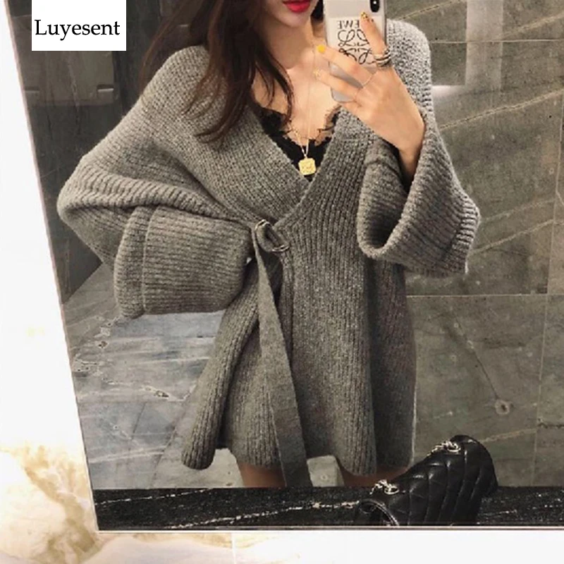 Best Price Deep V Neck Sexy Dark Gray Lady Cardigan Long Sweater 2020 Woman Tie-up Waist Loose Knit Top Winter Autumn Korean Style Jumper Best Price Deep V Neck Sexy Dark Gray Lady Cardigan Long Sweater 2020 Woman Tie-up Waist Loose Knit Top Winter Autumn Korean Style Jumper