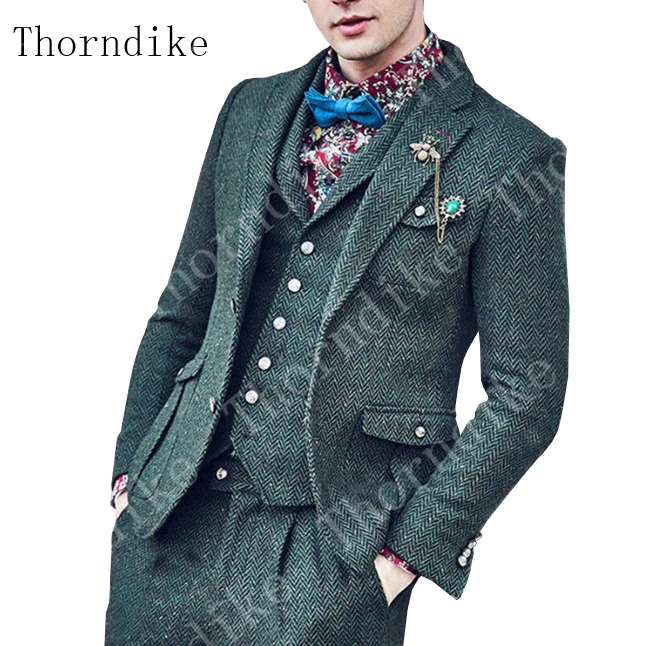 Зеленый мужской твидовый костюм Thorndike в елочку из 3 предметов с двумя пуговицами