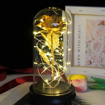 

Red Rose In Glass Dome Wooden Base Simulation LED Rose Lamps For Decorate Christmas Valentine's Day Gifts